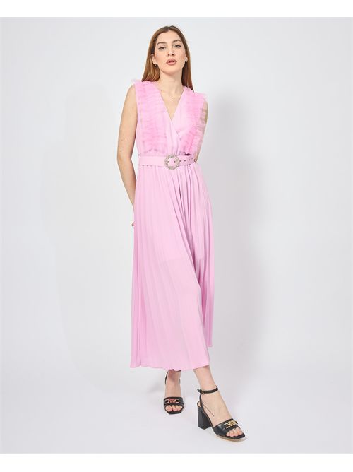 MDM Women's Long Dress with Ruffles and Belt MADEMOISELLE DU MONDE | F527-MDM1348PINK